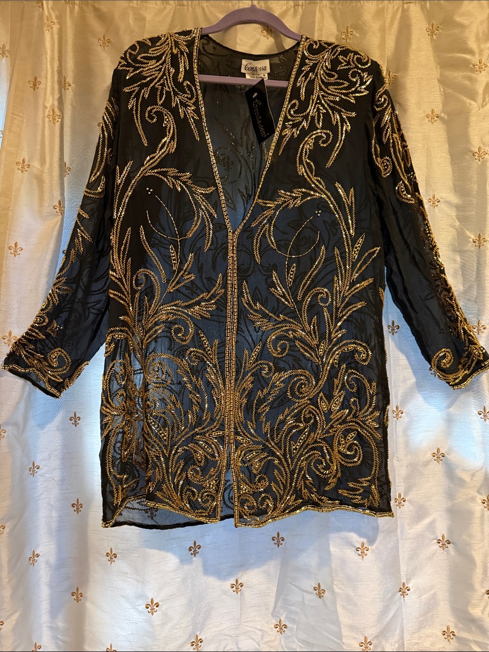 Black Sheer Beaded Embroidered Open-Front Jacket